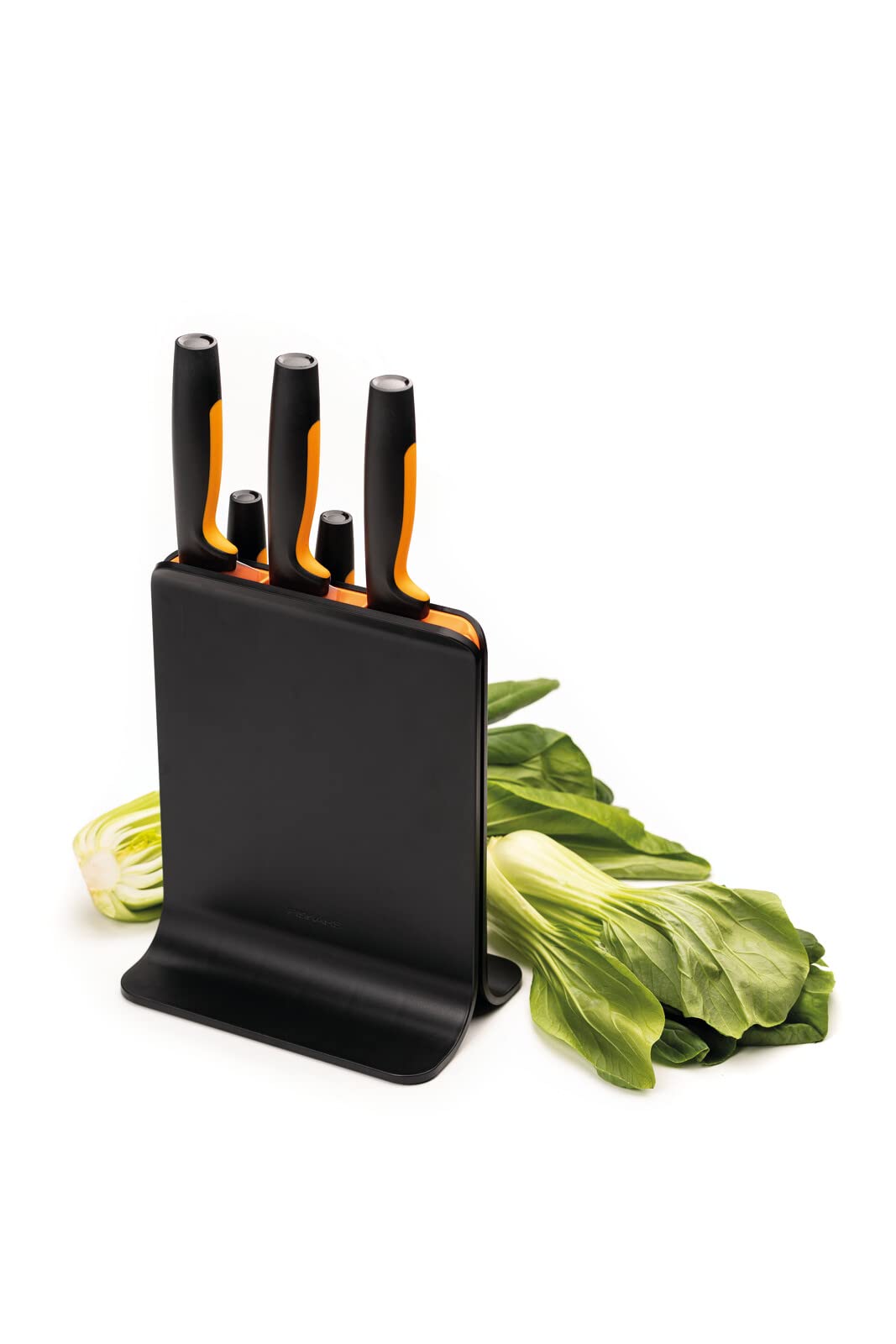 Fiskars Ceppo per Coltelli di Design con 5 Coltelli, Functional Form, Incl. Spelucchino, Coltello per Pomodoro, Coltello Santoku, Coltello da Cucina e per Pane, Plastica, Nero, 1057554
