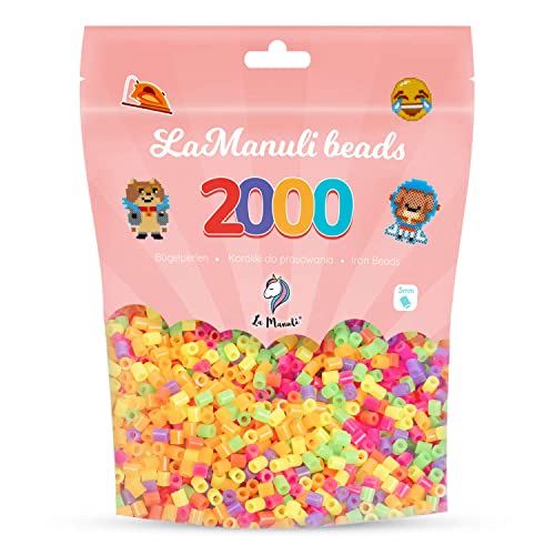 La Manuli Cuentas para Planchar Neón 2000 Piezas - Fuse Beads Midi 5mm - para DIY Manualidades Manualidad - Bolsa Reutilizable