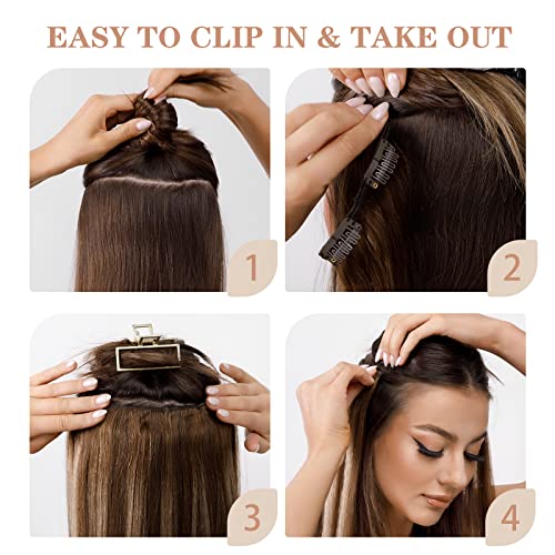 Image of S-noilite Clip in Hair Extensions Real Human Hair 20 Inch Balayage Dark Brown Mixed Chestnut Brown 7pcs 120g Double Weft Thick Silky Seamless Remy Clip in Hair Extensions-#(T2 /6) /2
