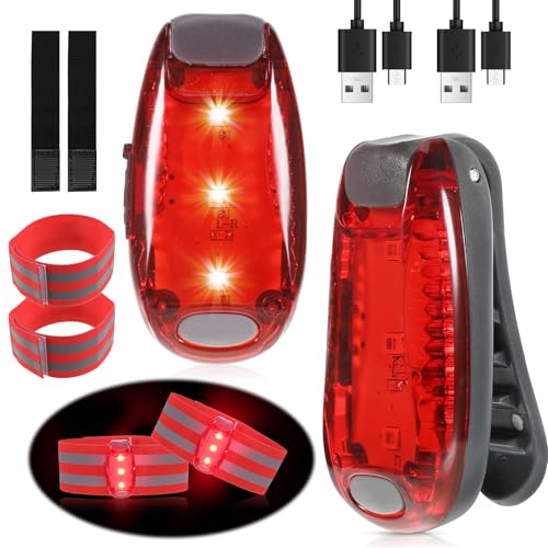 ertlutw LED Sicherheitslicht, 2 Rote LED Blinklicht Schulranzen USB Aufladbar für Kinder Schulranzen Hunde Bergsteiger Nachtläufer Leuchtanhänger mit Batterien Clip Dauerlicht