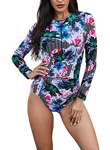 AlvaQ Womens One Piece Long Sleeve Swimsuits for Women UV Protection Rash Guard Floral Bathing Suit Surfing Swim Suits Green Medium
