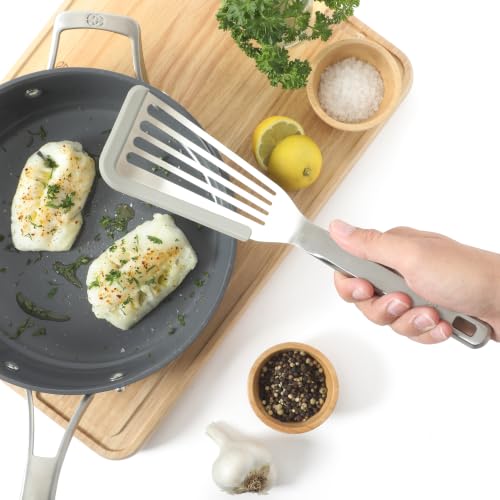Image of Calphalon Prime Slotted Fish Turner, Kitchen Flipping Spatula, Slotted Spatula, Stainless Steel Slotted Turner with Silicone High-Heat Resistant Handle, Cookware for Flipping and Draining (Taupe)