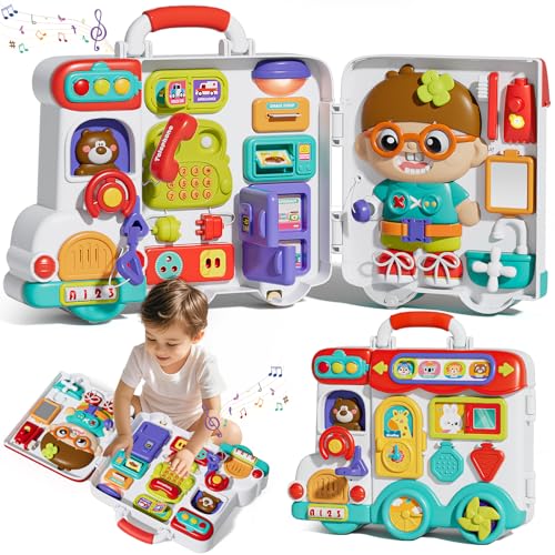 ORANGE OCEAN 54-in-1 English & Spanish Musical Busy Board Montessori Toys for Toddler 1-3, Early Educational Montessori Toy for 1 2 3 Year Old Boys, Bilingual Learning Toy Gifts for 1+ Year Old Boys