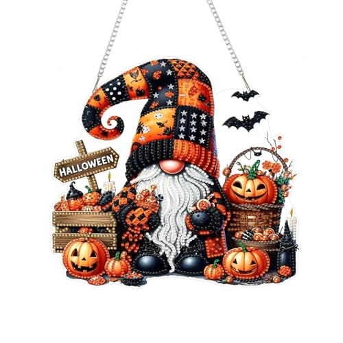 wavaiov Halloween Hanging Diamond Art Kits for Adults DIY Special Shaped Rhinestone Gem Craft Painting Ornament Gnome Bat Pumpkin Cat Ghost Acrylic Diamond Hanging Pendant Kits for Home Decor