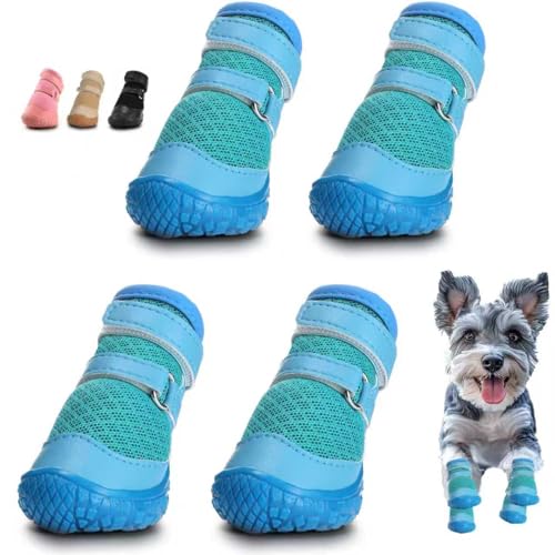 Dog Shoes for Small Dogs, Dog Boots & Paw Protectors for Hot Pavement Winter Snow Hiking, Anti-Slip Dog Booties for Hardwood Floor Blue Size 3
