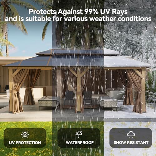 Image of Aoxun 12' x 20' Outdoor Wood Gazebo with Double Polycarbonate Top, Hardtop Gazebo Permanent Wooden Pavilion with Breathable Netting and Privacy Curtain for Patio, Garden, Deck, Cedar Wood, Natural