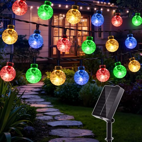 Image of Ollny Solar Lights Outdoor Garden, 12m 100LEDs Fairy Lights Solar Powered Waterproof, Crystal Ball 8 Modes Globe String Lights for Outside Indoor Gazebo Wedding Tree Party Decorations, Multicoloured