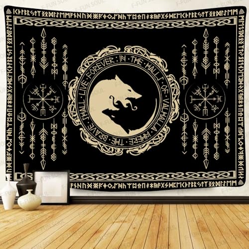 F-FUN SOUL Nordic Vikings Tapestry, 40x30inches Soft Flannel, Viking Violence Wolf Celtic Rune Scandinavian Aesthetic Mythology Tapestry Wall Hanging for Bedroom Living Room Decor GTZYFS1830