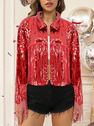 Segreto Women's Glitter Sequin Tassels Bomber Open Front Jacket Shiny Fringe Long Sleeve Coat Cardigan Blazer Disco Outfits2