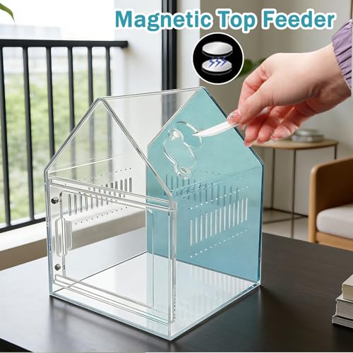 Image of Magnetic Acrylic Spider Enclosure 5.3x5.3x7.3 Inch, House Shape Terrarium with Blue or Purple Background for Jumping Spiders, Tarantula Slings & Mantis, Escape-Proof Habitat (Blue)