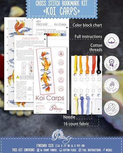 Image of Povitrulya Koi Carp - Counted Cross Stitch Bookmark Kit - Embroidery Set for Adults with Paper Pattern, 16-Count Aida Canvas and Presorted Floss - DIY Christmas, New Year's Gift