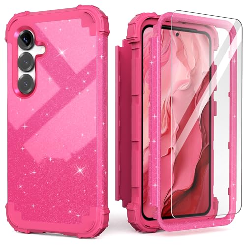 IDweel for Galaxy S25 5G Case with Screen Protector, Hybrid 3 in 1 Shockproof Heavy Duty Protection Hard PC Bumper+Soft Silicone Protective Full Body Cover for Galaxy S25 5G 6.2", Glitter Rose Red by IDweel - Used condition - US$9.14