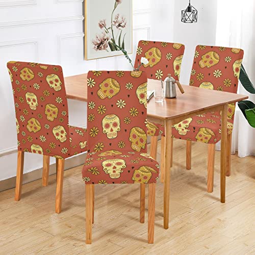 Dead Day Halloween Mexican Skull Dining Chair Covers Set Of 4 Stretch Chair Cover Removable Chair Slipcover Washable Dining Chair Seat Cover For Dining Room Ceremony Office Party Decor #TOP6