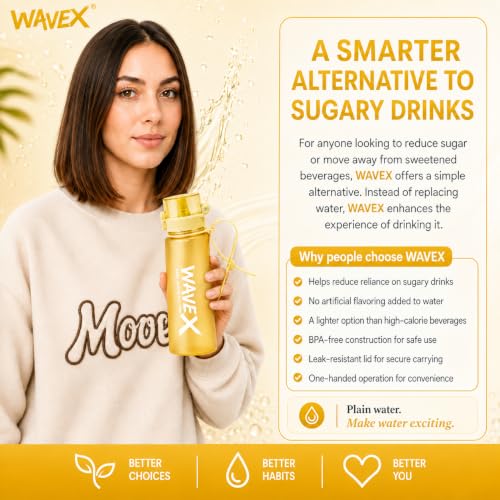 Image of Wavex Scented Water Bottle + 8 Aroma Scent Pods (Cola, Strawberry, Honey Peach, Energy Drink, Green Apple, Mint, Lemon, Orange Vanilla), Flip Top Lid, Straw & Carry Strap Included (Golden Yellow)