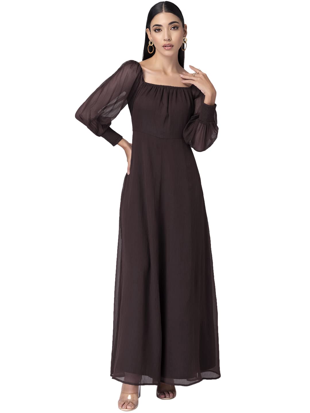 FabAlleyWomen's Georgette Brown Off Shoulder Puff Sleeve Maxi Dress