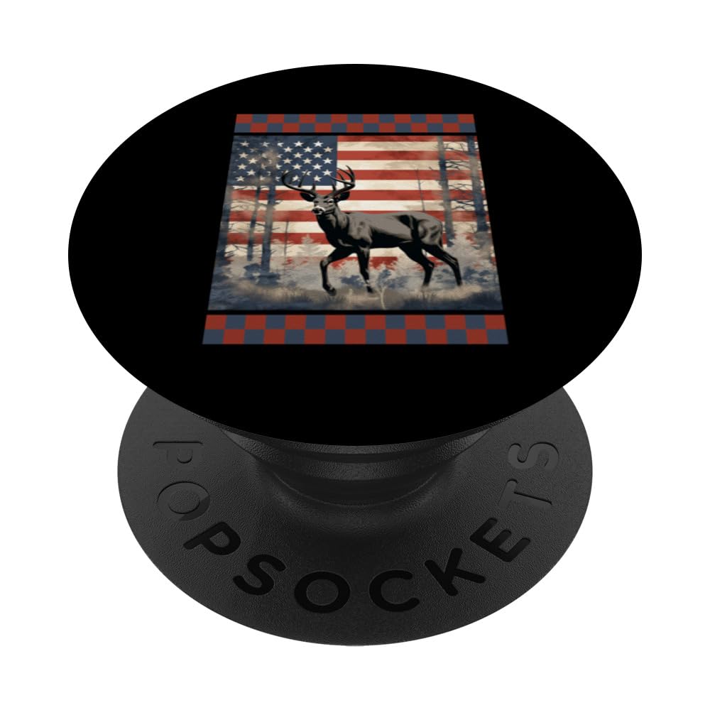 American Flag Hunting Traditional Camo Deer Silhouette Hunte PopSockets Swappable PopGrip, Black