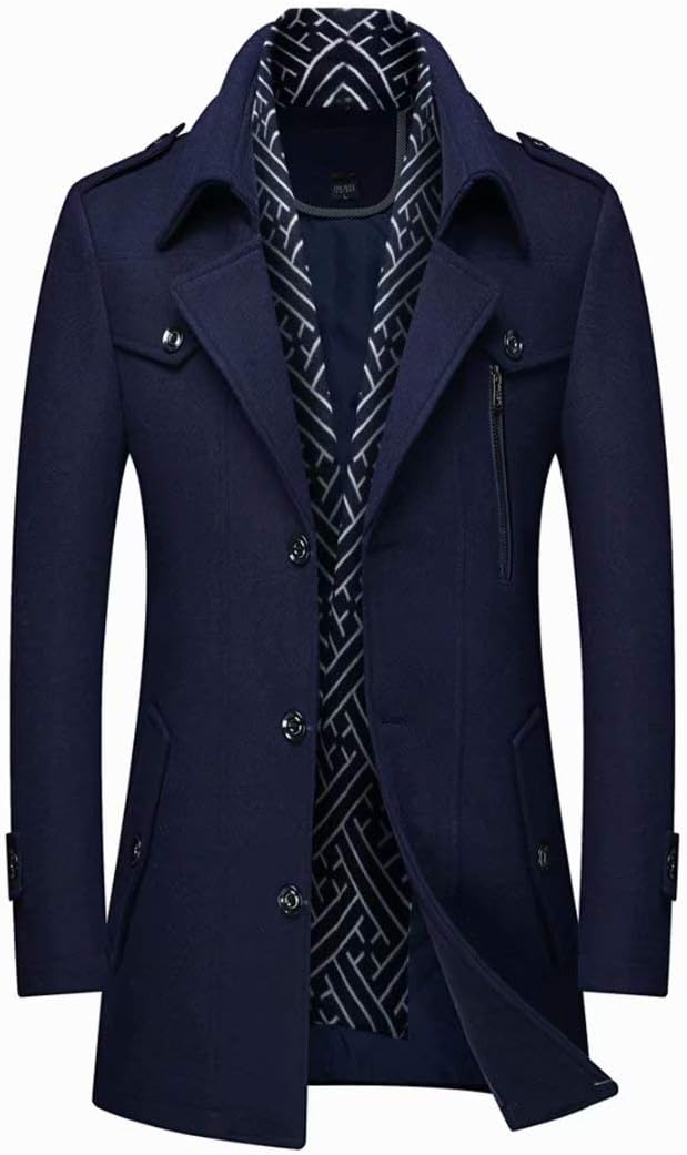 Men's Navy Pea Coat with Built-in Scarf