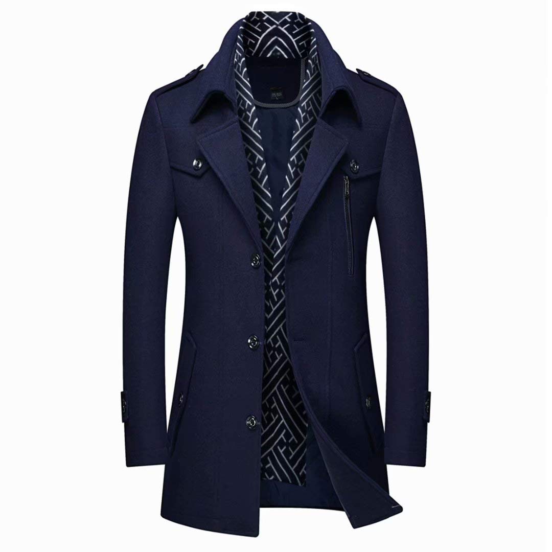 INVACHIMen's Single Breasted Mid-Length Winter Woolen Business Coat with Free Detachable Soft Touch Wool Scarf