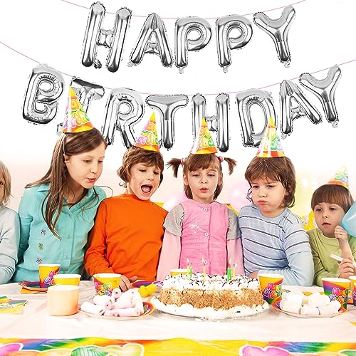 Image of Silver Happy Birthday Balloons Banner (3D Silver Lettering) Mylar Foil Letters | Inflatable Party Decor and Event Decorations for Kids and Adults | Reusable, Ecofriendly Fun