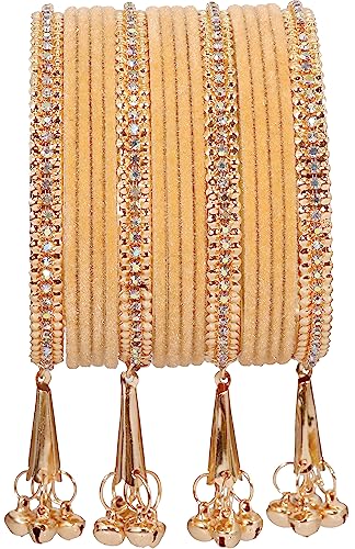 Image of NMII Metal with Zircon Gemstone and Velvet Studded Bells Latkan Bangles Set For Girls and Women I Latkan Bangles, Premium Bangle Bracelet Set I Pack of 16 Bangles