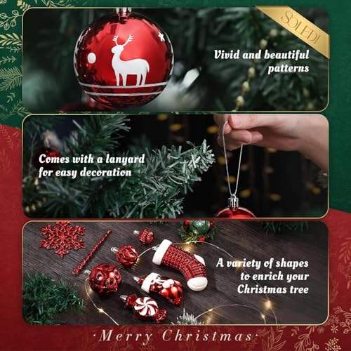 SOLEDI 128 Pieces Christmas Tree Decorations, Christmas Baubles Ornaments Reusable Shatterproof Balls for Xmas Hanging Pendants Festival Party Decor - Shiny, Matte, Glitter Decorated Baubles, Red