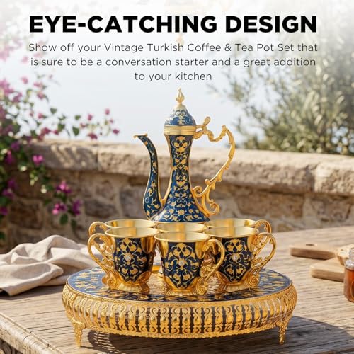Vintage Extra Large Turkish Coffee & Tea Pot Set for 6 by Gute with Large Crystal Tray & Teapot Gold with Shiny Crystal (Blue) 480ml - 6 Vintage Moroccan Tea Glasses 230ml Teacups Gold by GUTE - Image 2