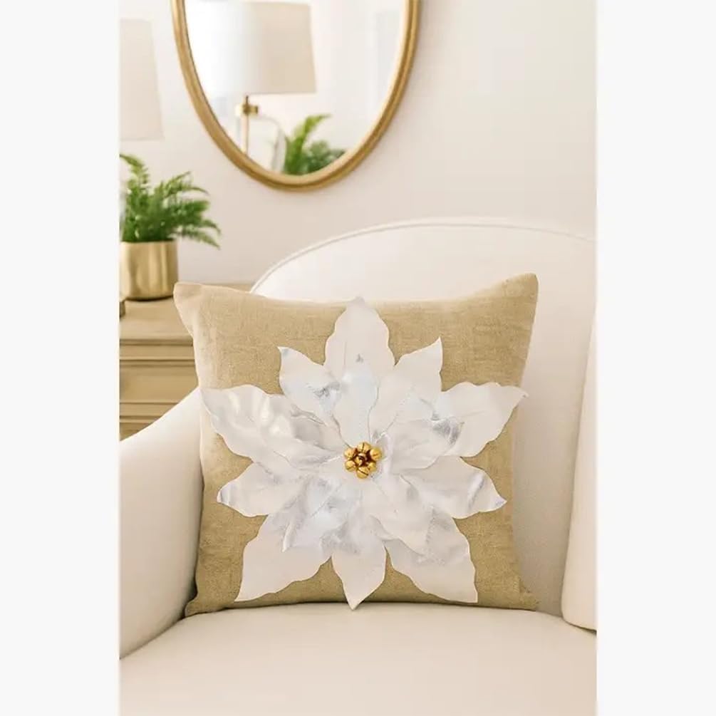 Fennco Styles Christmas Unique 3D Poinsettia Decorative Throw Pillow with Insert 17 x 17 Inch - Silver Flower Pillow for Everyday Use, Couch, Living Room and Bedroom Décor