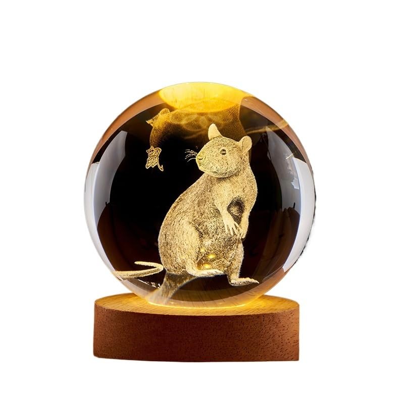 Lámpara de Noche Bola de Cristal con Base de Madera USB