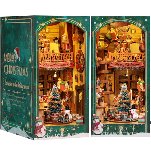 RONSTONE DIY Book Nook Kit - Miniature Christmas Dollhouse Kit 3D Wooden Puzzles Booknook with LED...