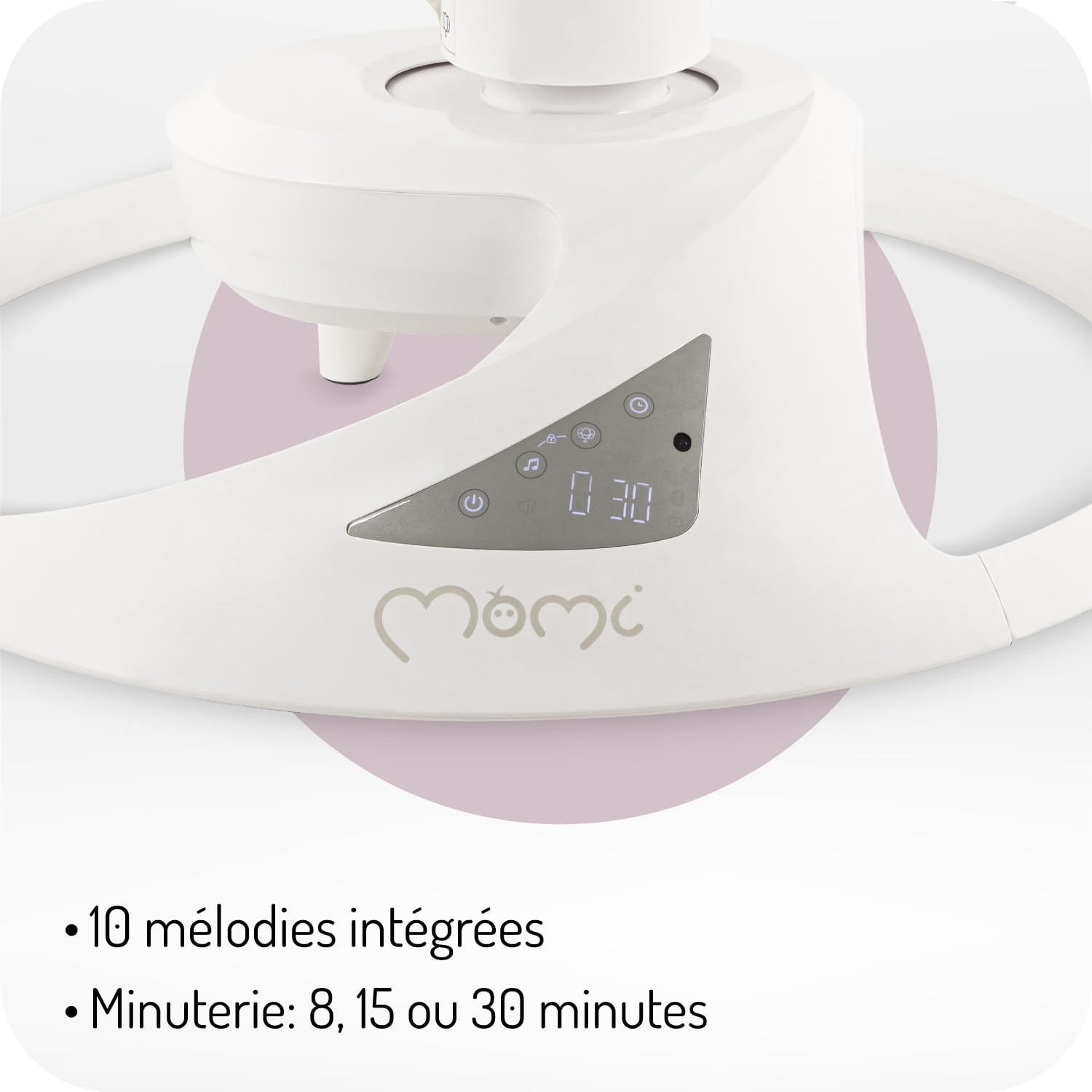Balancelle MoMi Pearl 9 kg, siège 360°, LED, Bluetooth, télécommande, piles ou secteur, câble USB, harnais 5 points, arche avec jouets