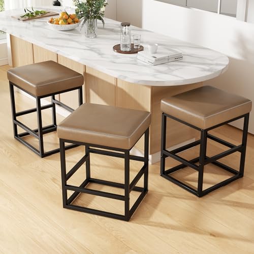 Image of Bar Stools Set of 3, 24in Counter Height Barstools, Faux Leather Counter Stools with Thick Square Seats & Sturdy Metal Base, Modern Bar Chairs for Kitchen Island (Coffee)