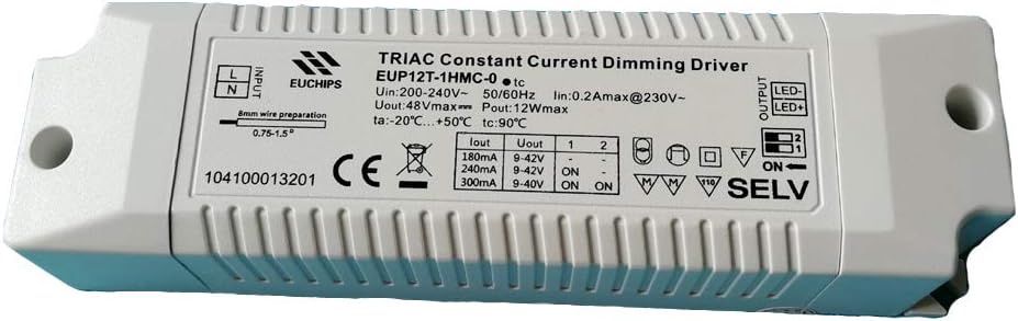 10-12Watt 40-240V Input 3-42V Output LED Strip Light Triac Dimming Driver Low Voltage LED Tape Light Power Supply, AC/DC Adapter Lighting Transformer EUP12T-1WMC-0