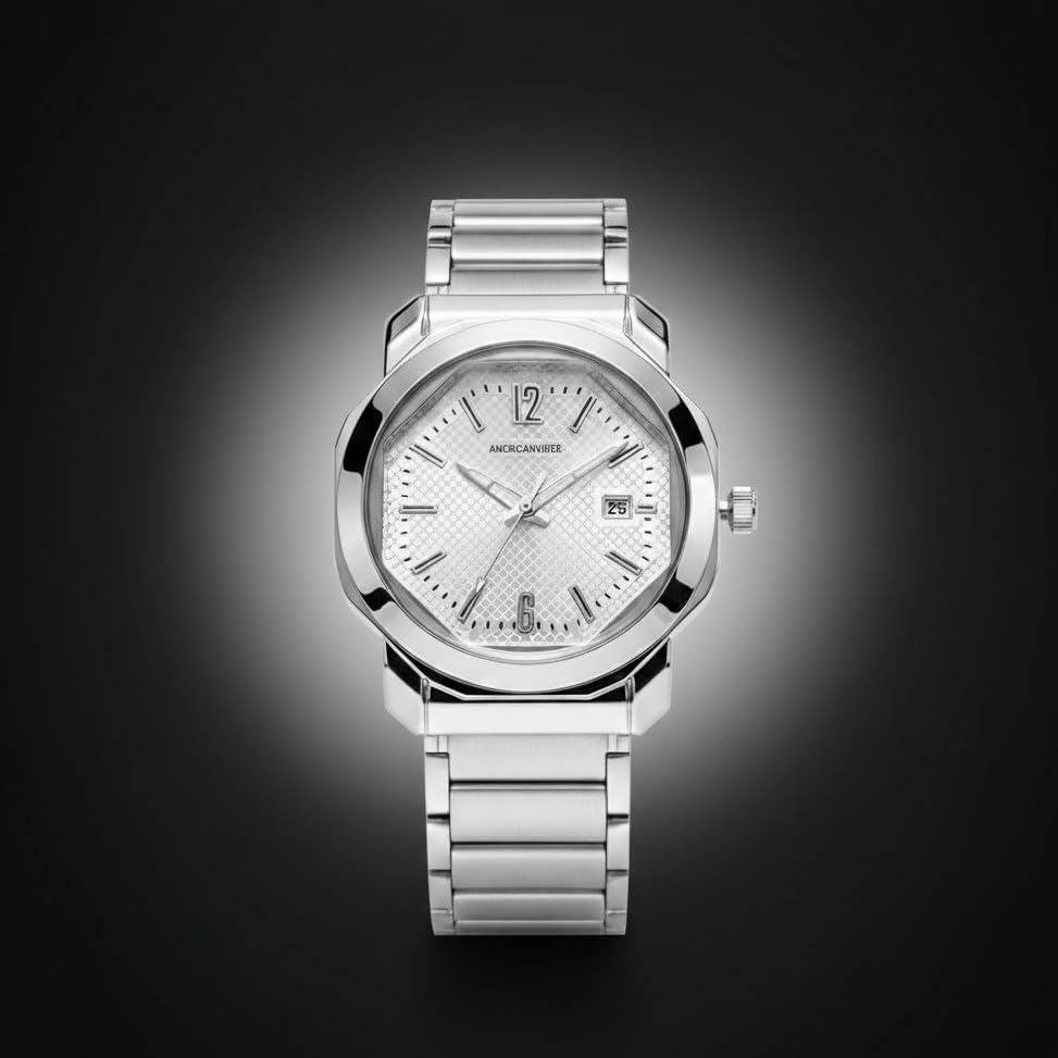 Image of AMERICANVIBER Men's Stainless Steel Watch, White Textured Dial, Analog Quartz Movement, Date Display, Water-Resistant, Silver Tone Bracelet for Men