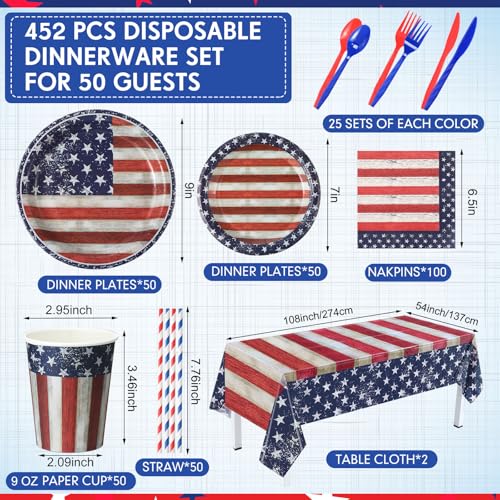 452 pcs veterans day party supplies for 50 guests american flag patriotic paper plates napkins cups tablecloth cutlery straw white red and blue tableware for veterans day party decoration