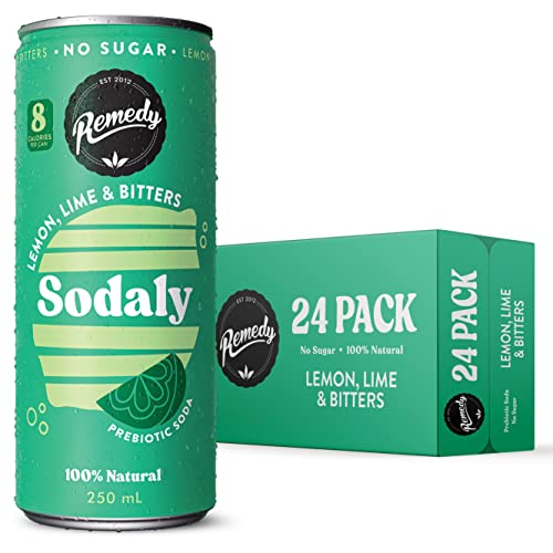 Remedy Sodaly Lemon, Lime and Bitters - Prebiotic Soft Drink - All Natural, No Sugar, Low Calorie - Sugar Free and Vegan - No Artificial Sweeteners - 250 mL Multipack Cans (24-Pack)