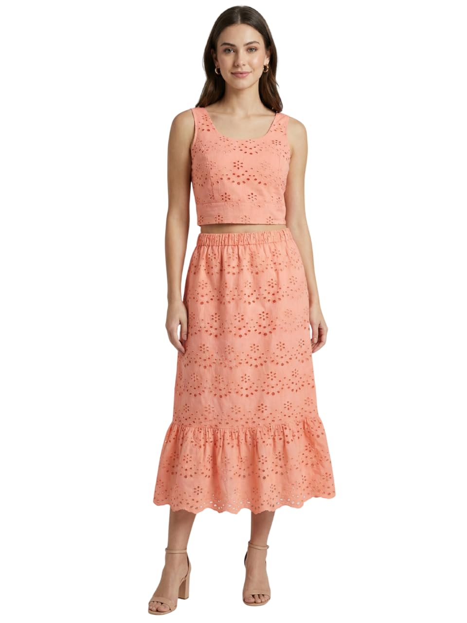 9 impression Women's Chic Schiffli Pink Cotton Co-Ord Set | Skirt & Top Set for Women-picture-18