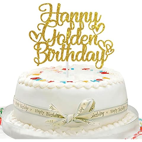 Dill-Dall Gold Glitter Happy Golden Birthday Cake Topper, Golden Birthday Party Decor, 5th, 21st, 24th, 25th, 28th, 30th, 50th 60th Birthday Decorations Cover