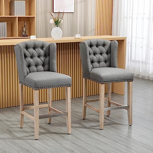 HOMCOM Counter Height Bar Stools Set of 2, 27' Seat Height Upholstered Barstools, Farmhouse Kitchen Island Stools with Nailhead-Trim, Tufted Back and Wooden Legs, Light Gray