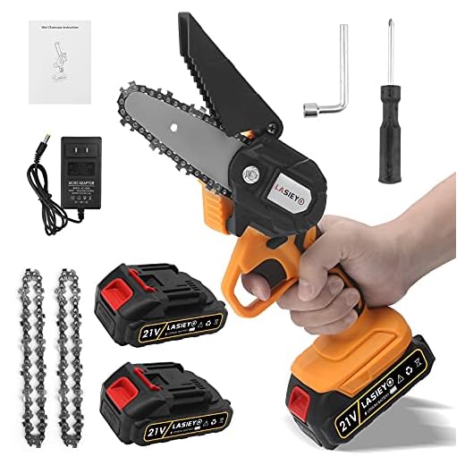 LASIEYO Mini Chainsaw, 4 Inch Electric Cordless Chain Saw, Portable Battery Powered Pruning Saw with 2X Spare Batteries & 2X Chainsaw Chains for Wood Cutting, Tree pruning & Gardening