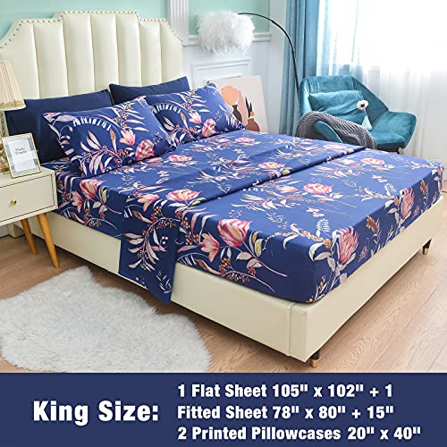 Image of JSD Navy Blue Tropical Floral Printed Sheet Set King Size | 4 Piece Soft Botanical Microfiber Sheets, 16 inch Extra Deep Pocket, OEKO-TEX Certified, Easy Care