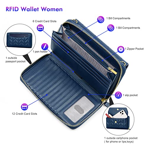 Image of nuoku RFID Blocking Wristlet Wallet for Women, Zip-Around Crossbody Clutch with 2 Removable Straps