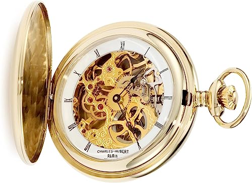 Charles Hubert 3905-G Men's Pocket Watch, Mechanical Hand Winding, Skeleton, Gold