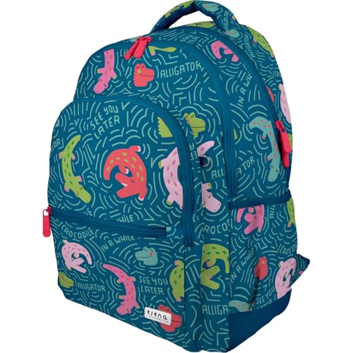 Grafoplas - Mochila Escolar Tres Compartimentos, 33x46x22,5cm, 30 Litros, Zona Acolchada para Portátil, Modelo Rubber, Diseño Alligator, Elena Corredoira, Adaptable a Carrito, Perfecto para Niños