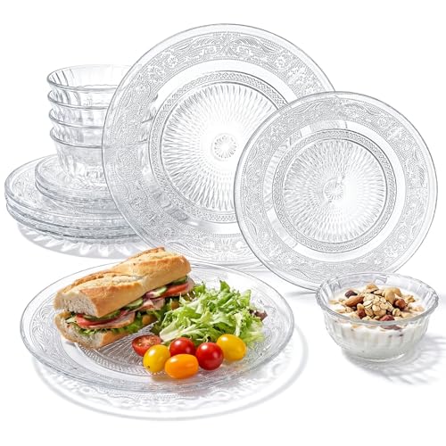 Havawish 18 Pcs Glass Dinnerware Set 8-10 Inch Large Glass Dinner Plate and 8 oz Soup Bowls Clear Vintage Embossed Dinnerware for Dessert, Salad, Fruits Kitchen Dining, Parties(Pattern)