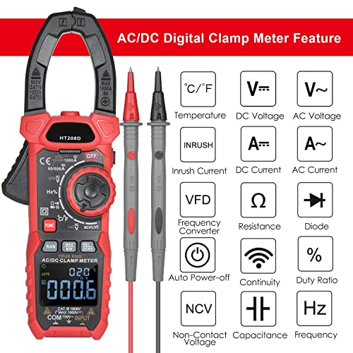 Ac/Dc Digital Clamp Meter 1000A True Rms Auto Range Professional Multimeter, 6000 Counts, Inrush, Vfd, Loz Mode Measures Current Voltage Temperature Capacitance Resistance Diodes Continuity Duty-Cycle #TOP2