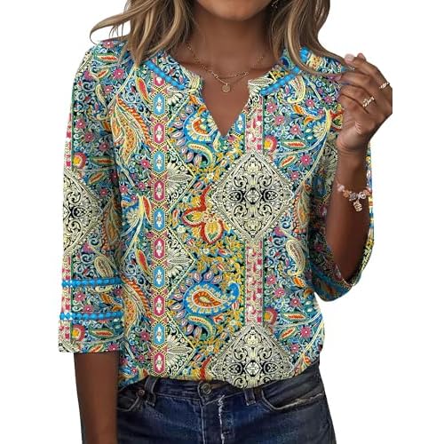 Ivicoer 3/4 Length Sleeve Womens Tops V Neck Lace Embroidered Summer Blouses Loose Fit Tunic Dressy Casual