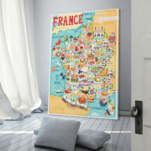ヨーロッパ フランス 食品地図 ポスター 部屋飾り キャンバスウォール 壁の絵 壁掛け ホームアートワーク24x36inch(60x90cm) [3]