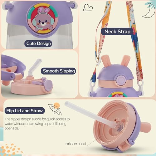 Image of Baybee Bubbly Kids Sipper Water Bottle 670ml | BPA Free & Leakproof Safe Sipper Bottle with Straw | Cute Rabbit Design Smooth Sipping with Handle & Neck Strap,Flip Lid for School Kids & Babys (Purple)