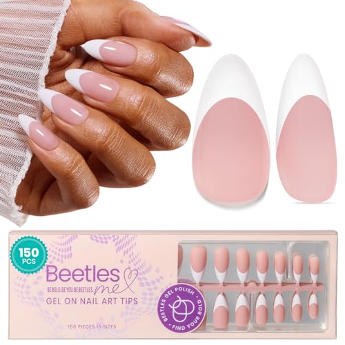 Beetles Pre-French Tips Gel Nail Tips, 15 Sizes 150 Pcs French Tip Press on Nails Nude Pink Medium Almond Pre-applied Tip Primer & Base Coat No Need to File Fake Nails Valentines Gift for Women