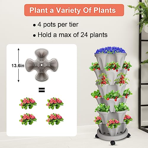 Stackable Planter, Vertical Garden Planter With Wheels And Tools, Self Watering Strawberry Planter Indoor/Outdoor 6 Tier Garden Tower Herb Planter For Growing Vegetables And Succulents,Gray 2 Set #TOP3